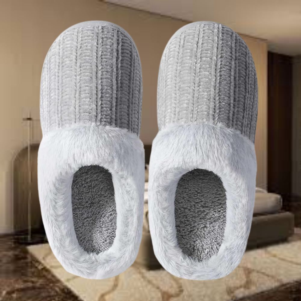 Memory foam fuzzy slippers, one of the accessorieked with logs